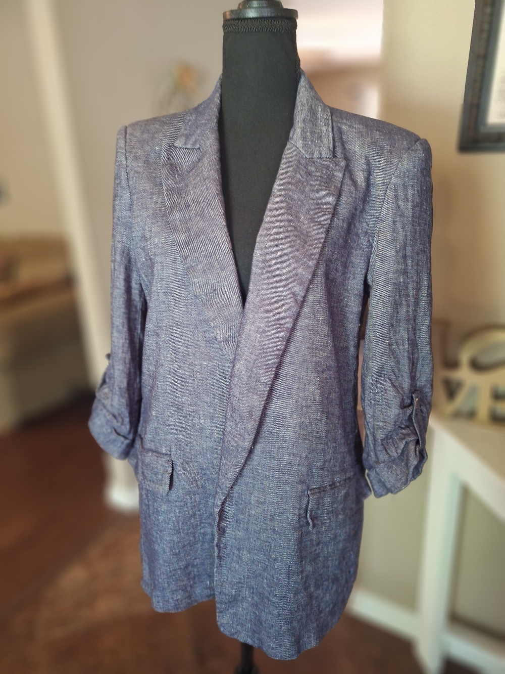 Zara Blue Textured Linen-Blend Blazer